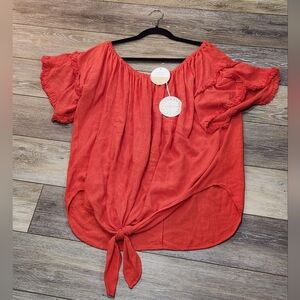 Umgee Coral Red Boho Ruffle Sleeve Blouse Size 2XL